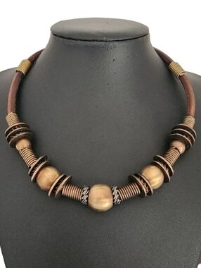 Vintage Brown Leather Cord Necklace Antique Brass Tone Beads Industrial Choker